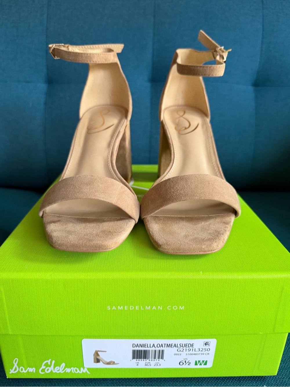 Sam Edelman Oatmeal Suede Ankle-Strap Block Heel Sandals